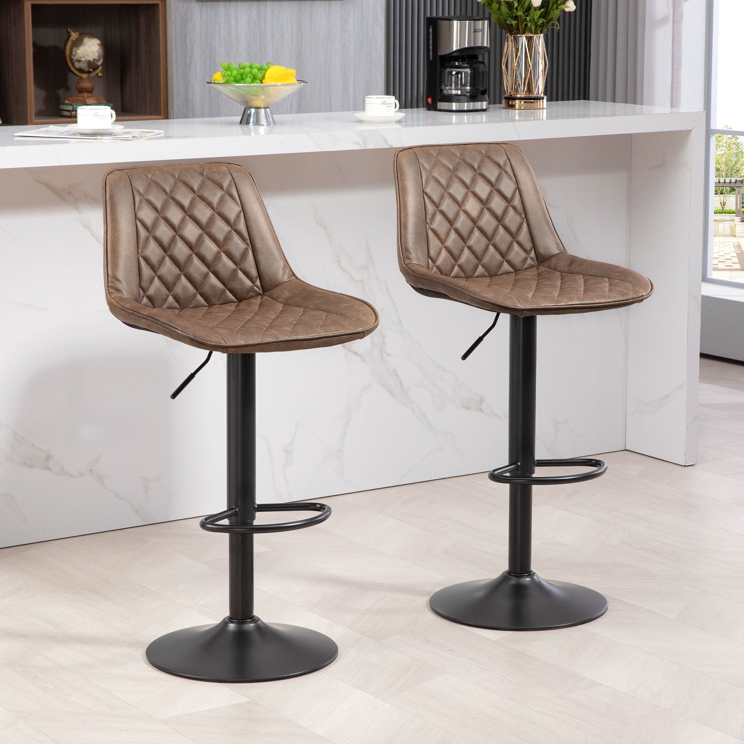 Bar Stools Set of 2, Retro Adjustable Kitchen Stool, Swivel PU Leather Upholstered Bar Chairs w/ Back, Footrest & Steel Base, Brown | HOMCOM-8